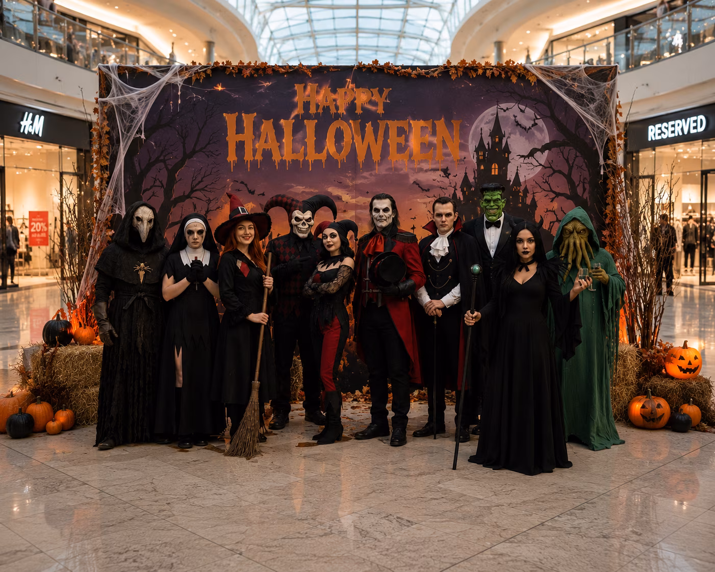 Halloween Fotowand im Shopping Center mit verschiedenen Halloween Walking Acts – BerlinKids