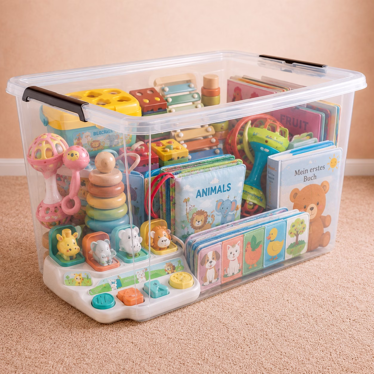 Babybox mit Fühlbüchern, Motorikspielzeug und Rasseln mieten Berlin