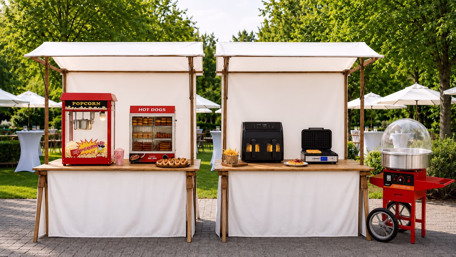 Cateringtechnik im Überblick: Popcornmaschine, Zuckerwattemaschine, Hotdog-Dampfer, Slushmaschine und Waffeleisen
