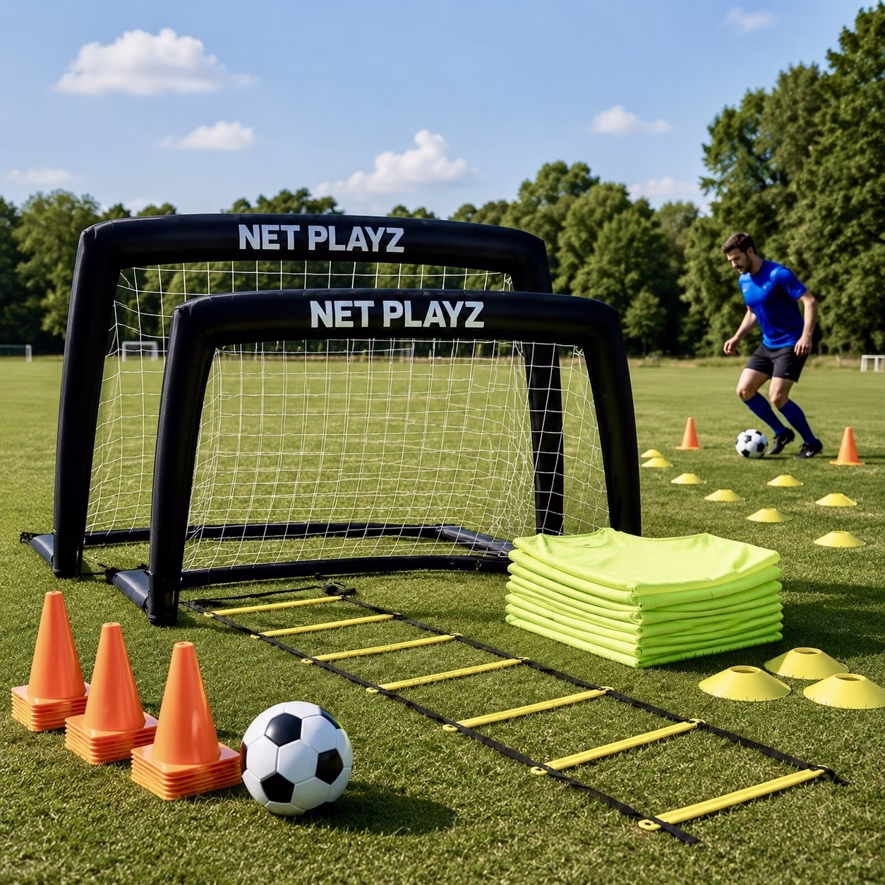 Fußballtore Set mit Leibchen, Agility-Leiter und Kegeln mieten Berlin