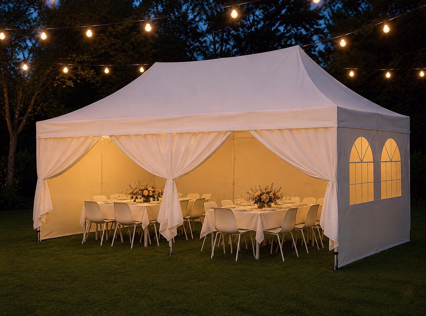 Elegant eingedeckte Eventlocation mit Pavillon und Mobiliar von BerlinKids in Berlin