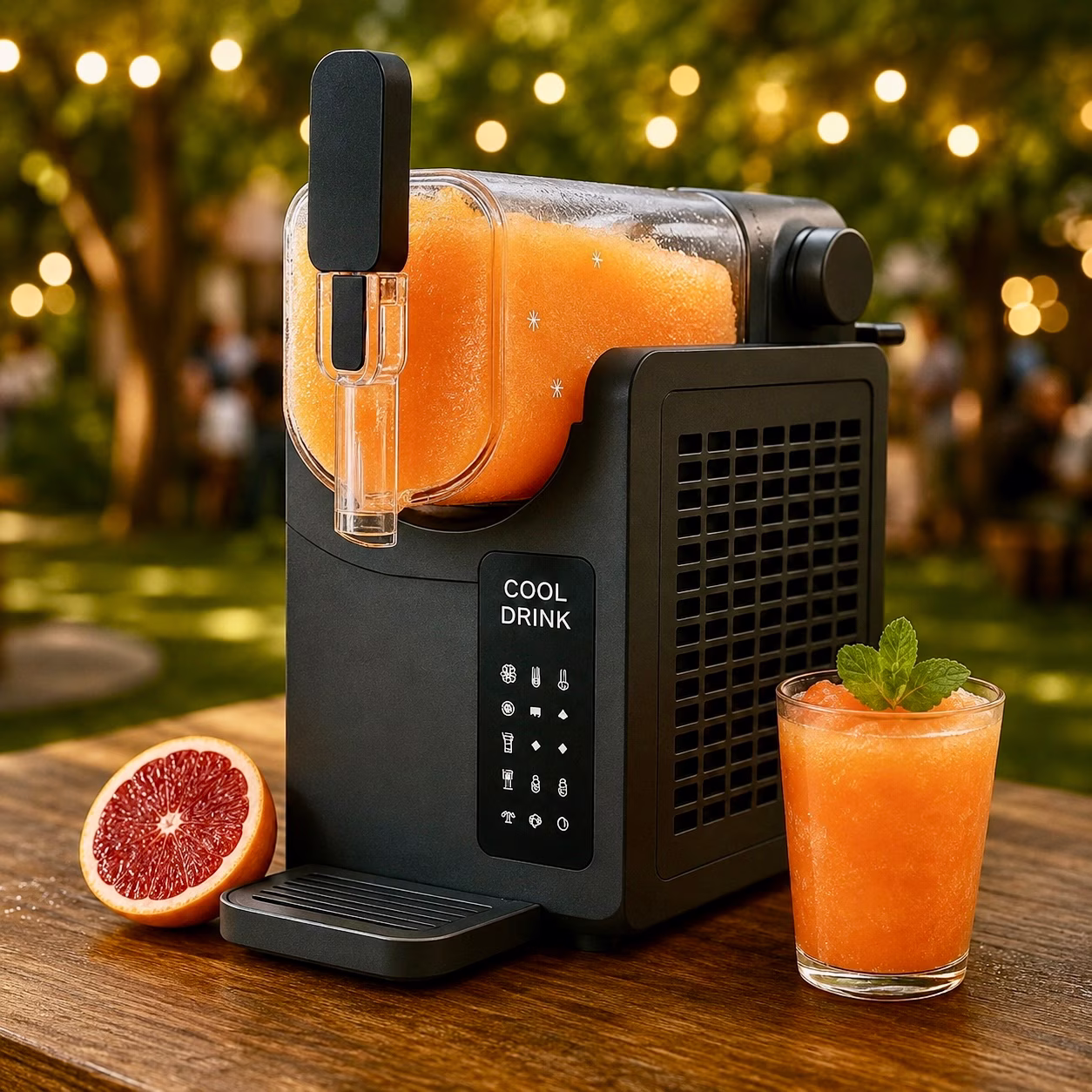 Kompakte Slushmaschine mit orangefarbenem Slushgetränk mieten Berlin