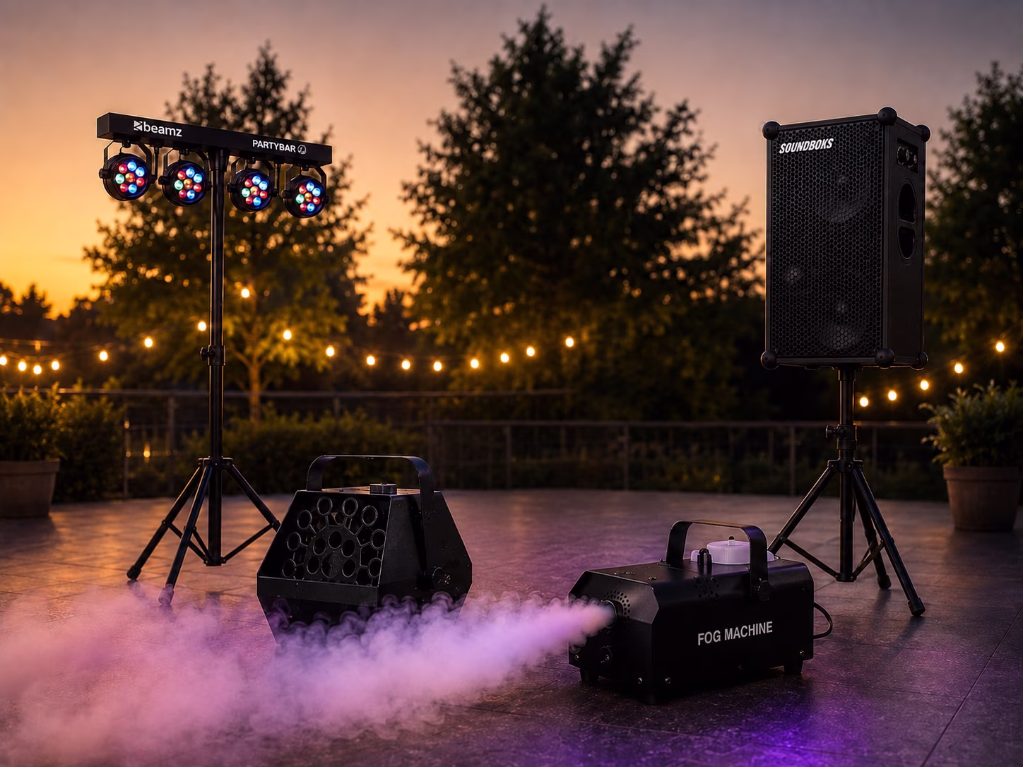 Sound, Licht und Partyeffekte im Überblick: SOUNDBOKS, LED-Lichtanlage und Nebelmaschine