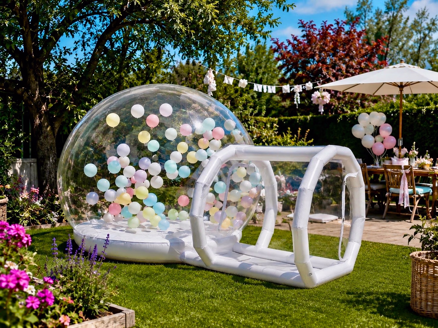 Bubble House Standard mit transparentem Eingang und farbigen Luftballons