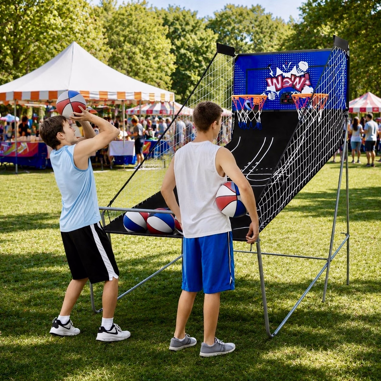 Basketball Station mit zwei Körben, vier Bällen und Netzrücklauf mieten Berlin