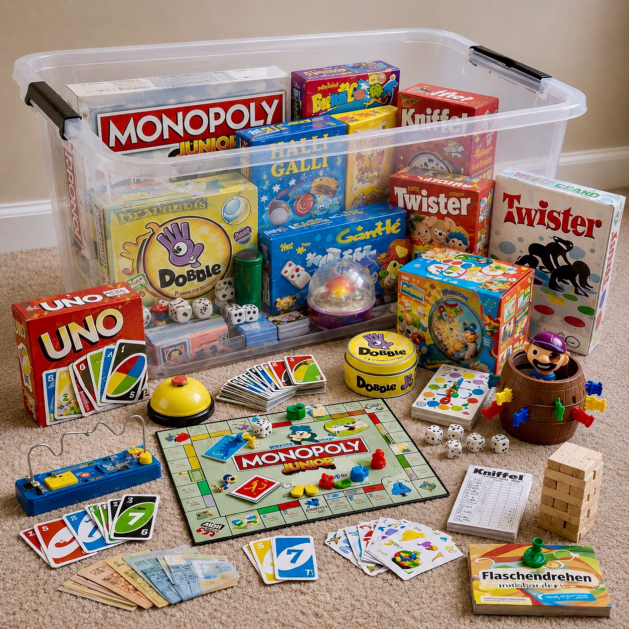 Gesellschaftsspiele-Box mit UNO, Dobble und Twister mieten Berlin