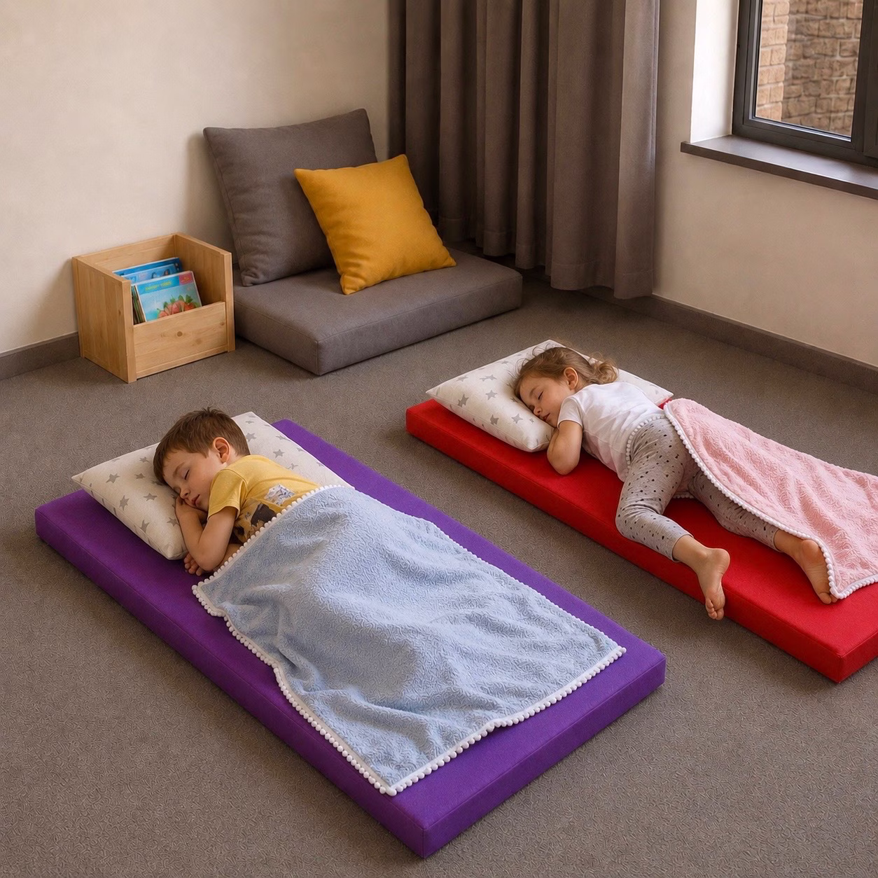 Ruhematte mit Kissen und Decke für Kinder-Schlafbereiche mieten Berlin